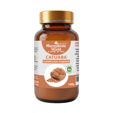 Bottle of Macrobiotic World Catuaba Superfood Powder on a white background