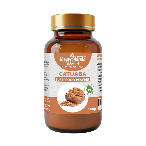 Bottle of Macrobiotic World Catuaba Superfood Powder on a white background