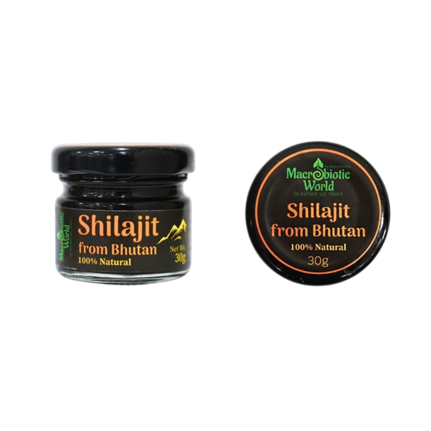 Shilajit from Bhutan packaging with black lid and label on a white background