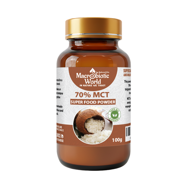 Bottle of Macrobiotic World 70% MCT Super Food Powder on a white background