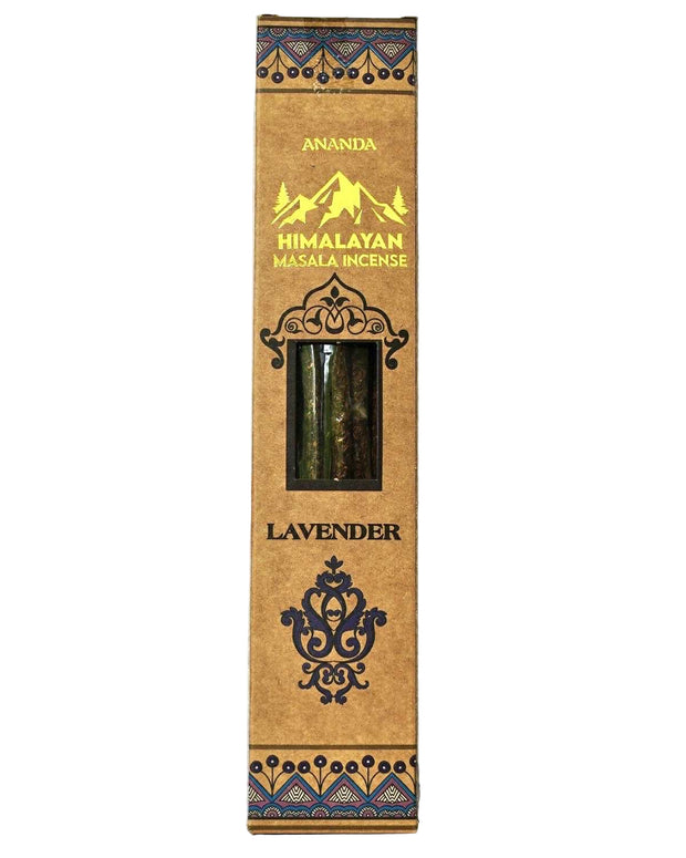 Ananda Himalayan Masala Incense packaging with lavender scent on a light gray background