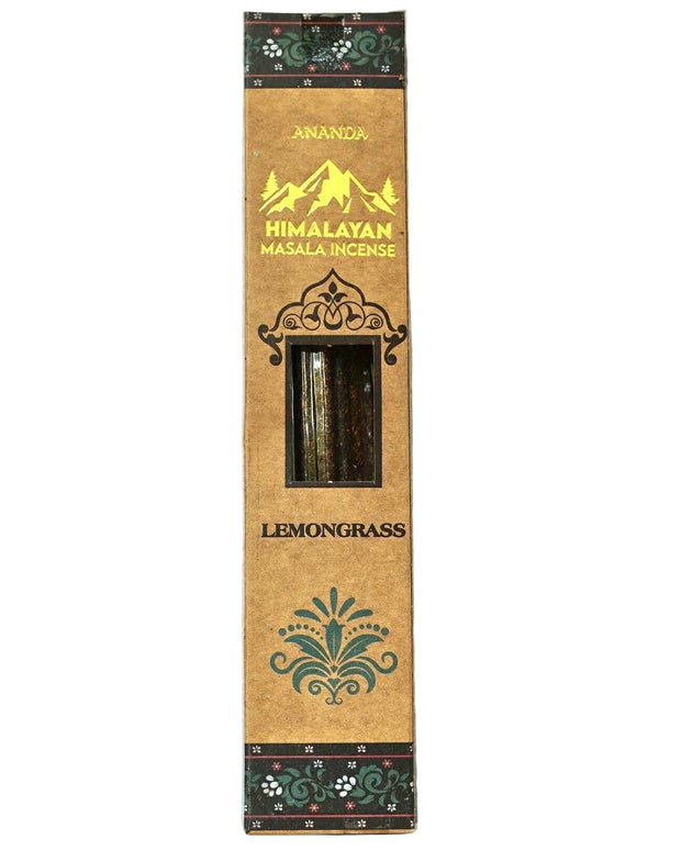 Ananda Himalayan Masala Incense box with lemongrass flavor on a light blue background