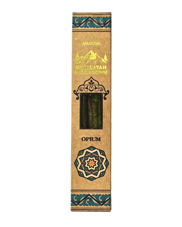 Ananda Himalayan Musk & Opium incense stick packaging on a light blue background