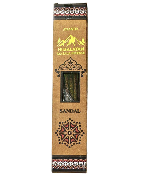 Ananda Himalayan Masala Sandal Incense packaging on a light blue background