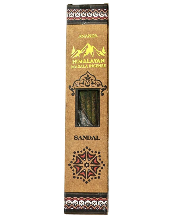 Ananda Himalayan Masala Sandal Incense packaging on a light blue background