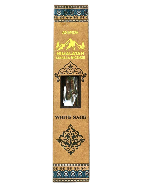 Ananda Himalayan Masala Incense packaging with decorative elements on a light blue background