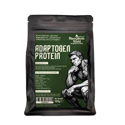 Package of Macrobiotic World Adaptogen Protein with a green label and black background