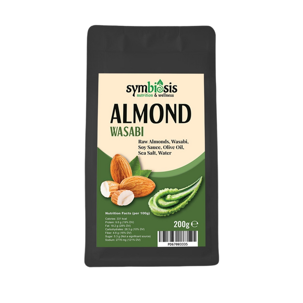 Packaging of Symbiosis Almond Wasabi on a white background
