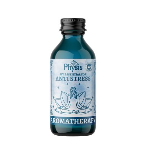 Bottle of Physis aromatherapy product for anti-stress on a white background