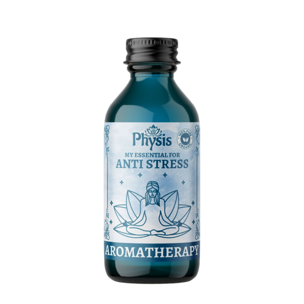 Bottle of Physis aromatherapy product for anti-stress on a white background