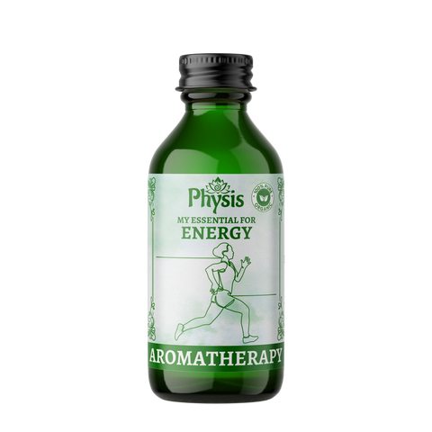 Green aromatherapy bottle labeled 'My Essential for Energy' by Physis on a white background