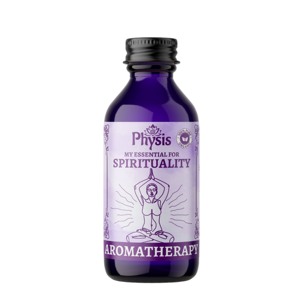 Purple aromatherapy bottle with 'Physis' label on a white background