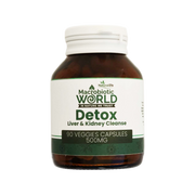 Bottle of Detox supplement with label on a white background