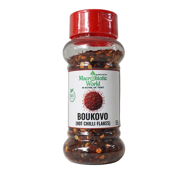 Bottle of Boukovo hot chilli flakes with a red lid on a gray background