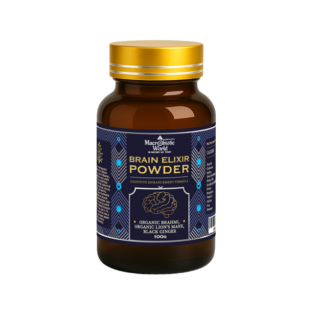 Bottle of Brain Elixir Powder with gold cap on a white background