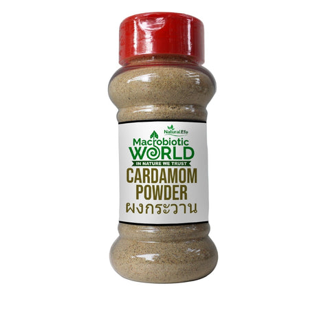 Bottle of cardamom powder with a red lid on a gray background