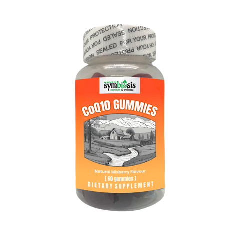 Bottle of COQ10 Gummies with an orange label on a white background