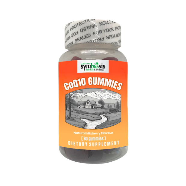 Bottle of COQ10 Gummies with an orange label on a white background