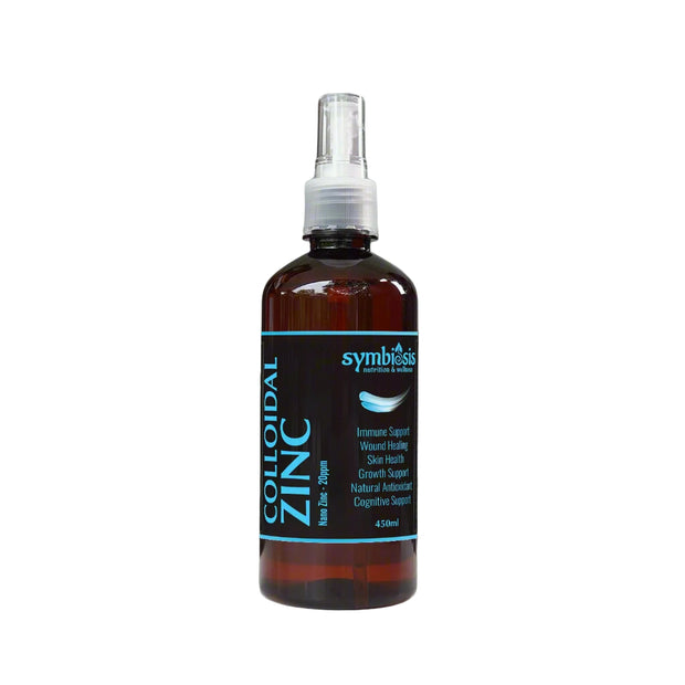 Bottle of colloidal zinc spray with a label on a white background