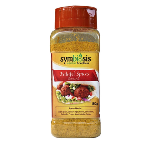 Bottle of Symbiosis Falafel Spices on a gray background