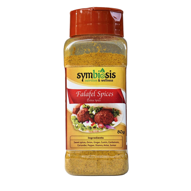 Bottle of Symbiosis Falafel Spices on a gray background