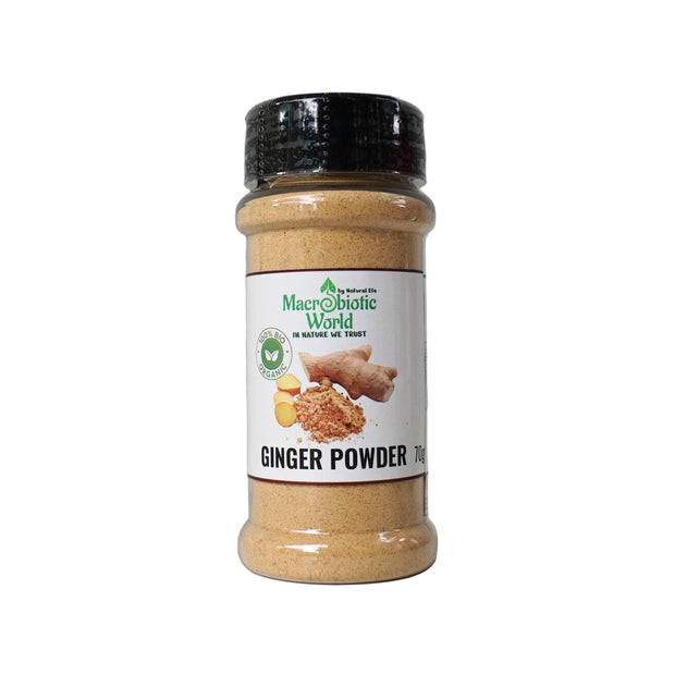 Bottle of Ginger Powder with a label on a gray background