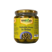 Jar of Halkidiki Olives in Brine with Symbiosis label on a gray background
