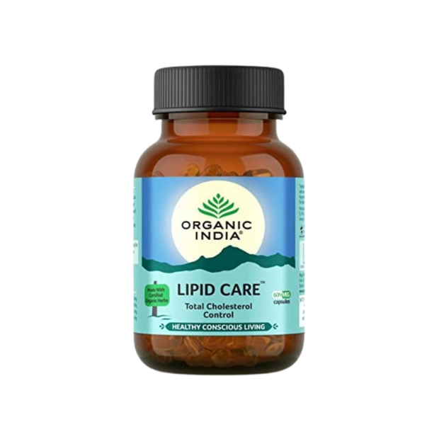 Bottle of Organic India Lipid Care supplement on a white background