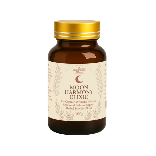 Bottle of Moon Harmony Elixir with a gold cap on a white background