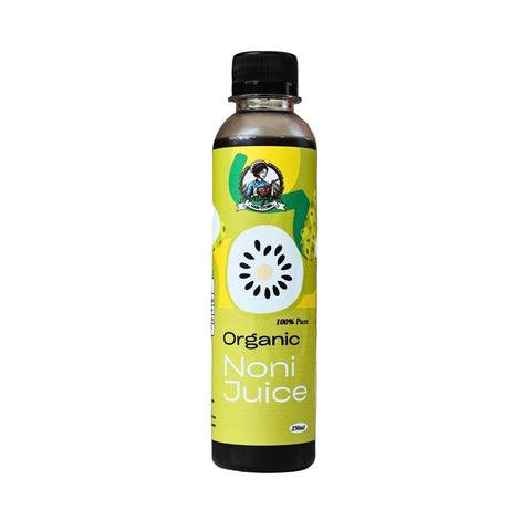Bottle of organic noni juice with a yellow label on a neutral background