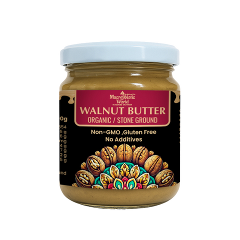 Jar of Walnut Butter with a colorful label on a white background
