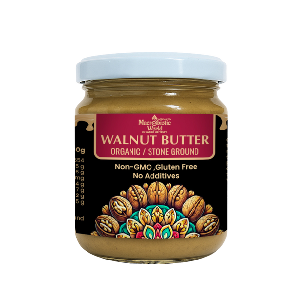 Jar of Walnut Butter with a colorful label on a white background