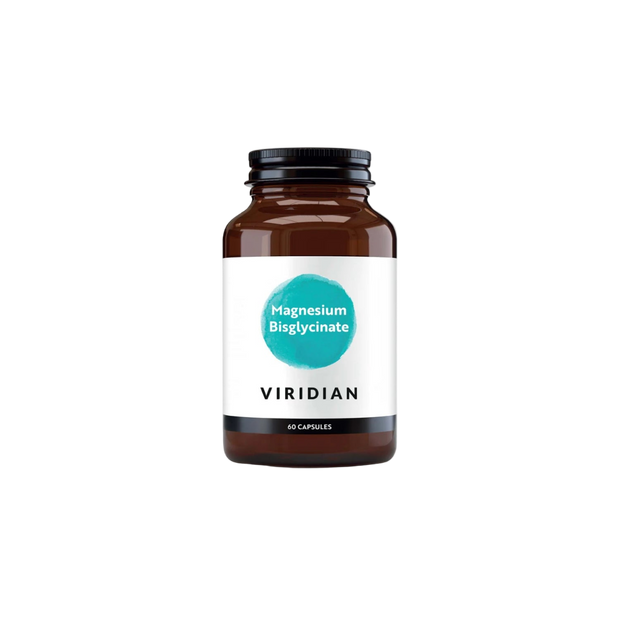 Brown supplement bottle with Viridian label on a white background