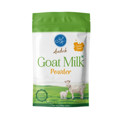 Packaging of Aadvik Goat Milk Powder with green and white design.