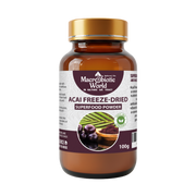 Bottle of Macrobiotic World Acai Freeze-Dried Superfood Powder on a white background