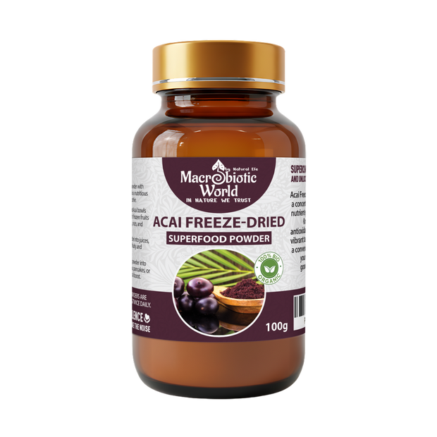 Bottle of Macrobiotic World Acai Freeze-Dried Superfood Powder on a white background