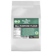 Bag of Macrobiotic World all-purpose flour on a white background
