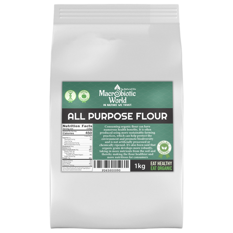Bag of Macrobiotic World all-purpose flour on a white background