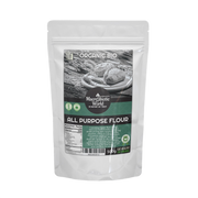 Bag of Organic Bio All Purpose Flour with a label on a white background