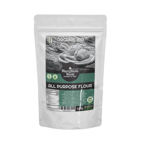 Bag of Organic Bio All Purpose Flour with a label on a white background