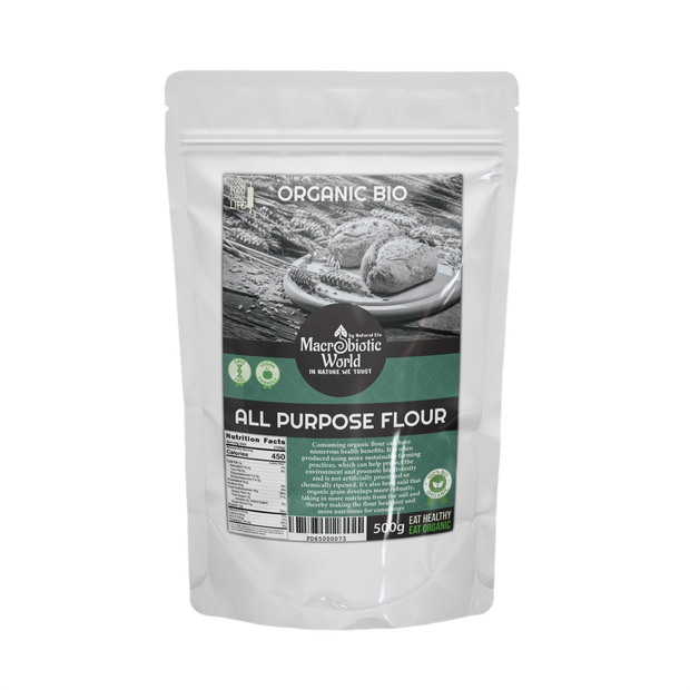 Bag of Organic Bio All Purpose Flour with a label on a white background