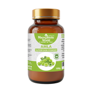 Bottle of Macrobiotic World Amla Superfood Powder on a white background