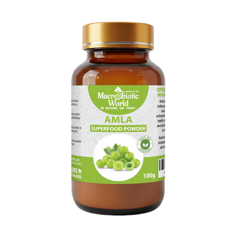 Bottle of Macrobiotic World Amla Superfood Powder on a white background