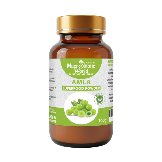 Bottle of Macrobiotic World Amla Superfood Powder on a white background