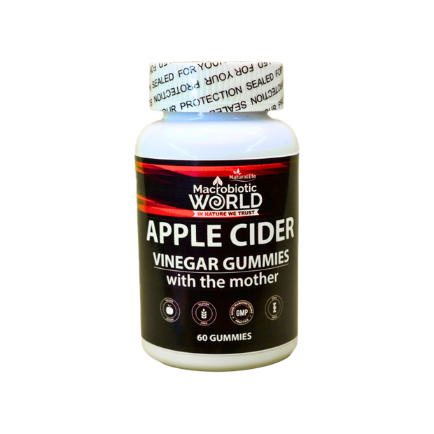 Bottle of Macrobiotic World Apple Cider Vinegar Gummies on a white background