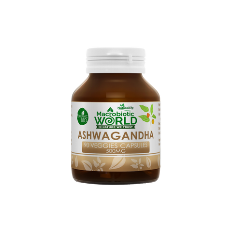 Bottle of Macrobiotic World Ashwagandha capsules on a white background