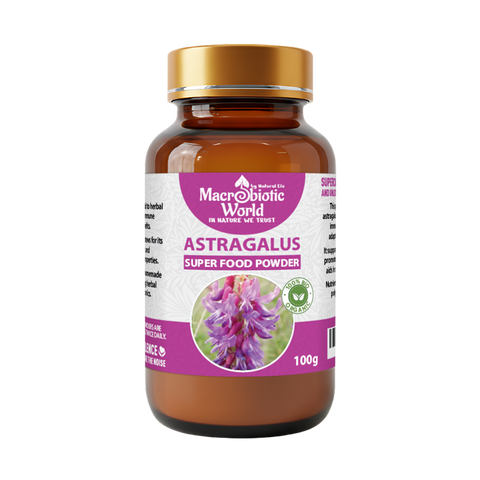 Bottle of Astragalus super food powder from Macrobiotic World on a white background