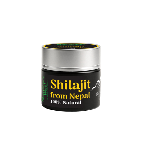 Jar of Shilajit from Nepal with black and yellow label on a white background