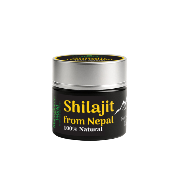 Jar of Shilajit from Nepal with black and yellow label on a white background