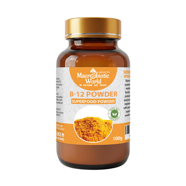 Bottle of Macrobiotic World B-12 Powder on a white background